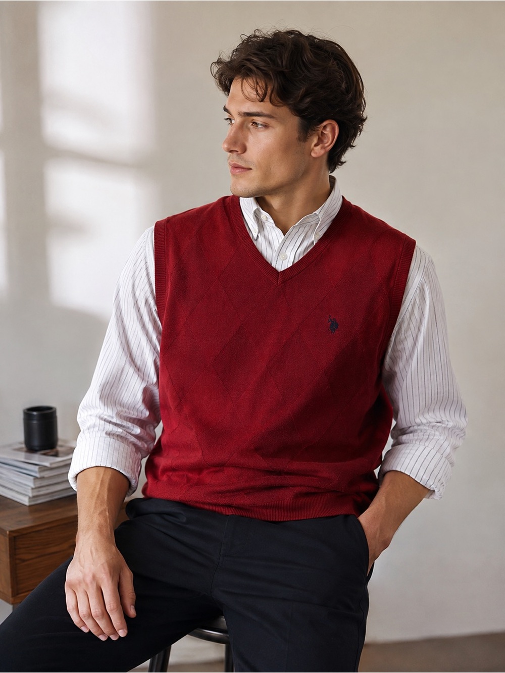 Title: U.S. Polo Assn. Men’s XL Burgundy Red Argyle Sweater Vest 100% Cotton